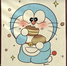 a drawing of a cartoon character holding pancakes in front of it's face and smiling