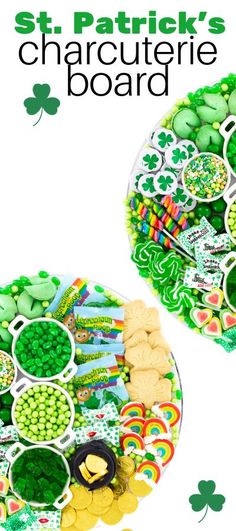 the st patrick's day table is full of candy, candies and shamrocks