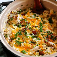 a casserole dish with chicken, cheese and parsley in a white bowl