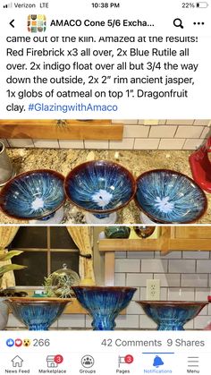 three blue glass bowls sitting on top of a counter