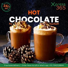 two glasses of hot chocolate with pine cones on the side and an ad for xpress 365