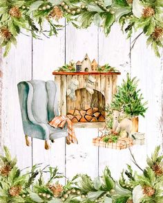 a watercolor painting of a fireplace surrounded by greenery and pine cones on a white wooden background