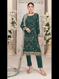 Traditional Designer Pakistani Salwar Suit Collection Processing Time : 7 Business Days Work : Hand With Thread Embroidery Work Fabric:Top : Heavy Fox Georgette  Bottom : Heavy Dull Santoon Silk  Dupatta : Heavy Fox Georgette  Color:Top : Dark Green Bottom : Dark Green Dupatta : Beige Mehndi Dupatta, Mehndi Traditional, Patiyala Dress, Bottom Heavy, Lehenga Suit, Pakistani Salwar, Suit Collection, Punjabi Salwar Suits, Girlie Style