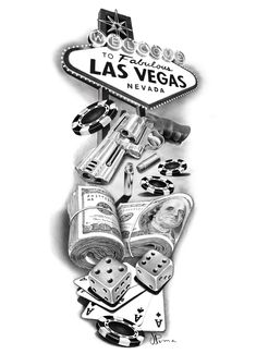 black and white drawing of las vegas sign with casino chips, dices, and money