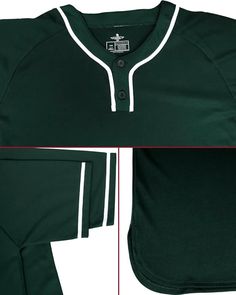 the baseball jersey is green with white piping