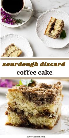 two pictures with different types of desserts on them and the words sourdough disard coffee cake