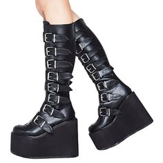 Gothic Punk Platform Boots, Knee High, High Chunky Platform Boots, Riding Boots, Long Boots, Zipper Boots. Biker Boots. Looking to make a fashion statement? Then you can't go wrong with these awesome chunky, gothic, punk, platform boots. 4.3 inch heels are no problem with these super soft comfortable boots you will feel like you are floating on air and they are surprisingly easy to walk in. Standing or walking for long periods is not an issue either. Great if you are on your feet all day. Apart Platform Boots Knee High, Punk Platform Boots, Chunky Platform Boots, Platform Boots Chunky, Buy Boots, Boots Knee High, Women Platform Shoes, Punk Outfits, Boots Winter