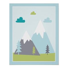 a poster with mountains and trees on it