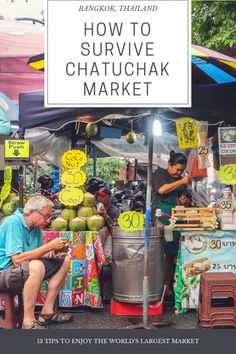 a man and woman sitting in front of a food stand with the words how to survive chatuchak market