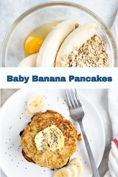 two pictures with bananas, eggs and pancakes on them