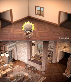 two views of a living room and dining area in an animated version of the same house