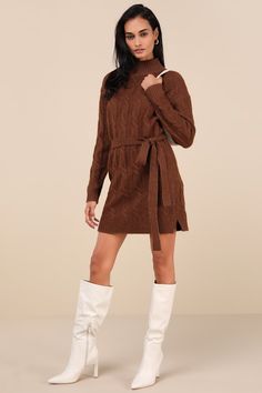 Bundling up for the season has never looked so fabulous thanks to the Lulus Warmed Up To You Brown Cable Knit Mock Neck Sweater Dress! Thick, cozy wool-blend cable knit (with a subtle marled effect throughout) shapes a mock neckline, long sleeves, and a relaxed bodice. The shift silhouette falls to a cute mini hem and features a tying belt that allows you to cinch the waist. Contrasting ribbed knit accents the neckline, cuffs, and hem. Fit: This garment fits true to size. Length: Mid-thigh. Size medium measures 33.5" from shoulder to hem. Bust: Great for any cup size. Waist: Not Fitted - comfortable room throughout midsection. Hip: Not Fitted - room for hips. Undergarments: May be worn with any standard bra. Fabric: Fabric is very stretchy. Unlined. 53% Polyester, 38% Acrylic, 7% Wool, 2% Gizele Oliveira, Cable Knit Dress, Mock Neck Sweater Dress, The Shift, Comfortable Room, Mock Neckline, Mock Neck Sweater, Large Size Dresses, Cable Knit