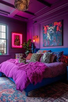 a bedroom with purple walls and an animal - print rug on the floor, blue bedding, and colorful pillows