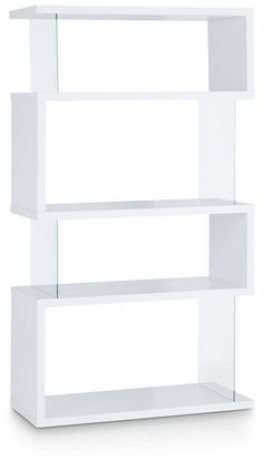 a white shelf with three glass shelves on each side and one empty shelf in the middle