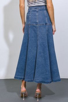 Washed denim skirt with side zipper closure and midi length. 68% Cotton, 30% Polyester, 2% Spandex Recycled Clothing, Flying Tomato, Denim Skirts, Denim Midi Skirt, Midi Shirt Dress, Washed Denim, Sewing Tips, Sewing Clothes, Baby Month By Month