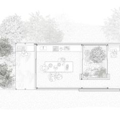 an aerial view of the floor plan of a house with trees and bushes in the background