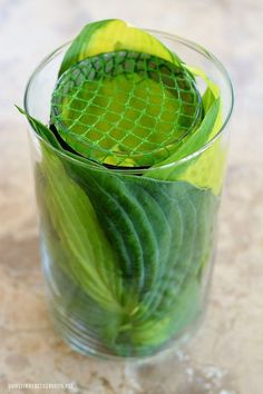 a glass filled with green leaves on top of a wooden table next to an instagram page