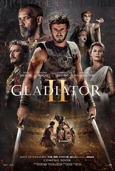 the poster for gladiator ii, which features two men in roman costumes and one man