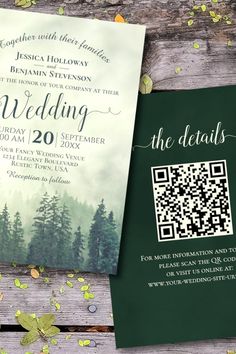 the wedding card is next to an envelope with a qr code on it