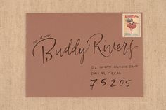 a postcard with the words, buddy rivers on it and an image of a flamingo