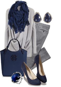 Work Outfits Frauen, Navy Pumps, Drape Top, Flannel Pants, Mode Casual, Grey Outfit, Winter Mode, Blue Outfit