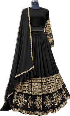 Black Bollywood Style Georgette Sharara, Black Lehenga With Dabka Work For Party Wear, Party Wear Black Lehenga With Dabka Work, Black Georgette Sharara For Festive Occasions, Black Party Wear Salwar Kameez For Festivals, Black Georgette Bollywood Sharara, Black Party Wear Lehenga With Dabka Work, Wedding Lehenga With Dabka Work In Black, Black Wedding Lehenga With Dabka Work