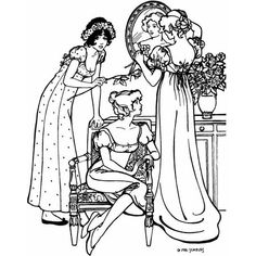 two women in dresses are talking to each other while another woman looks at her mirror