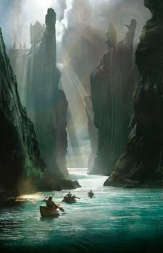 two people in a rowboat on a river surrounded by mountains and cliffs with sunlight streaming through the clouds