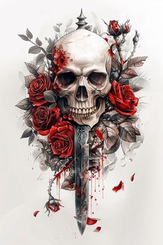 a drawing of a skull with roses and a knife