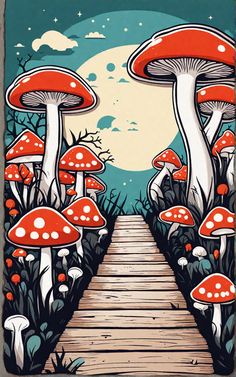 a painting of mushrooms on the side of a wooden walkway in front of a full moon