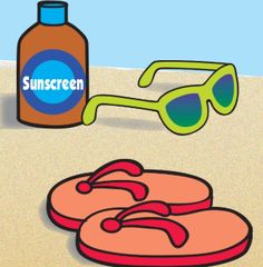 a bottle of sunscreen, sunglasses and flip flops on the beach