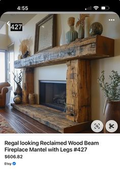 an image of a fireplace mantel with logs on it's mantle and the words regal looking reclaimed wood beam fireplace mantel with logs 472 27