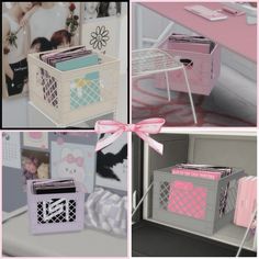 four different pictures of pink and grey boxes with photos on them, one has a baby's crib