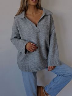 DETAILS: Our Fynn Grey Oversized Sweater has a soft to the touch, knitted fabric. This sweater features a v-neckline with thick ribbing on the neckline, hemline, and cuffs; giving it a cozy feel. This runs true to size. CONTENT & CARE: 74% Acrylic. 22% Polyester. 4% Spandex. SIZE & FIT: Model is 5'6" The model is wearing a size Small Fits true to size The Fabric has stretch Grey Sweater Outfit Fall, Over Size Sweaters Outfit, Sweaters Outfit, Grey Sweater Outfit, Fall Shoot, Oversized Grey Sweater, Sweater Outfits Fall, Manifestation Board, Boho Aesthetic