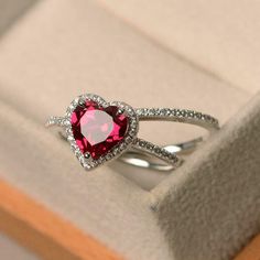 Heart Cut Engagement Ring, Silver Halo Ring, July Birthstone Ring, Luxury Engagement Rings, Double Band Rings, Ruby Heart, Engagement Ring Inspiration, Ruby Engagement Ring, Birthday Ring