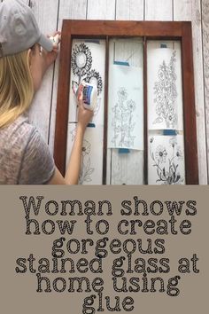 the woman shows how to create gorgeous stained glass at home using glue on wood paneling