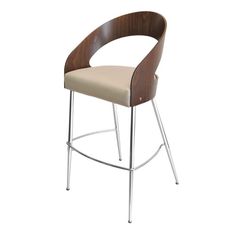 a wooden and metal bar stool with a beige upholstered seat on an isolated white background