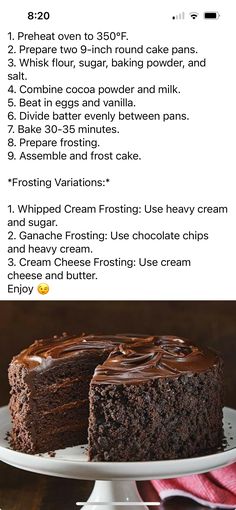 a chocolate cake on a plate with the recipe below it