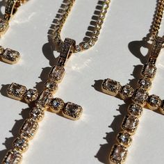 Gold Cubic Zirconia Crucifix Necklace, Gold Cubic Zirconia Cross Necklace, Gold Cubic Zirconia Pendant Cross Necklace, Gold Cubic Zirconia Cross Pendant Necklace, Gold Cross Necklace With Cubic Zirconia, Crystal Cross Jewelry With Chain, Crystal Cross Chain Jewelry, Gold Plated Crucifix Jewelry With Adjustable Chain, Luxury Gold Crucifix Cross Necklace