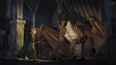 an animated image of a man standing next to a dragon in a barn with another person