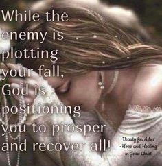 a woman with her eyes closed and the words while the enemy is ploting your fall, god's positioning you to prosper and recover all