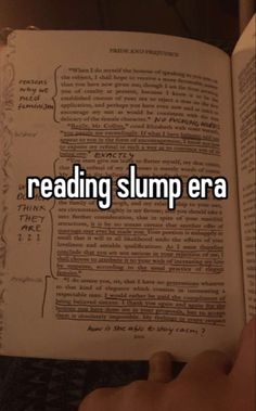 an open book with the words reading slump era written on it and someone's hand