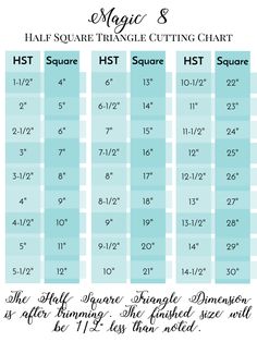 the magic 8 sewing chart with measurements for each piece and instructions to sew it