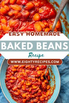 baked beans in a blue bowl with text overlay that reads easy homemade baked beans recipe