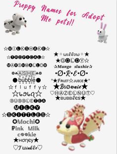 a white poster with some type of writing on it's back side and the words peppy names for adopt me pet