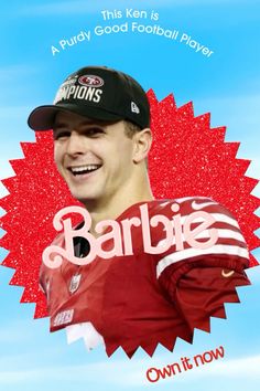 a man in a red uniform is smiling and wearing a black hat with the words barbie on it