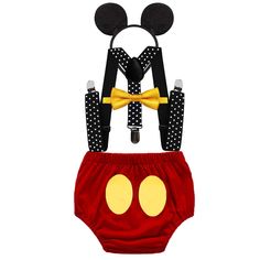 PRICES MAY VARY. ❥❥ Adorable and handsome 4 piece cartoon birthday cake smash outfit that comes complete with a red/black nappy cover, a Mouse ear headband, a yellow/blue/black bow tie and red/black mini white polka dot adjustable suspenders. ❥❥ Bow-tie and diaper cover made of cotton + polyester, Mouse ear headband made of foam and wrapped in smooth black fabric; the whole set is soft, skin-friendly for a comfortable birthday costume that your baby will love to wear again and again. ❥❥ Baby Blo Baby Boys First Birthday, Christmas Suspenders, Boys First Birthday, Cake Smash Outfit Boy, Birthday Costume, Cartoon Birthday, Smash Cake Boy, Baby Boy First Birthday, Baby Boy Cakes