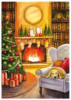 a painting of a dog laying on a chair in front of a christmas tree and fireplace