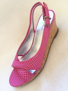 New LL Bean pink polka dot slingback wedge heels sandals in size 7 M. Pink polka dot fabric straps criss cross above peektoes. Pink patent trim. Adjustable buckle on slingback strap. Cork wedge heels about 2” tall. Dot Fabric, Polka Dot Fabric, Wedge Heel Sandals, Dotted Fabric, Heels Sandals, Pink Polka Dots, Ll Bean, Cork Wedge, Wedge Heels