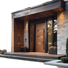 the front entrance to a modern home with two large doors and steps leading up to it